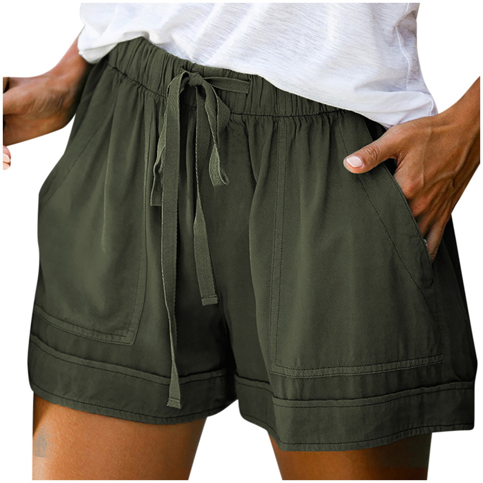 thumbnail image 2 of Pantalones cortos cómodos con cordón y cintura elástica para mujer - Pantalones holgados de color liso con bolsillos - Ropa informal de verano de poliéster, 2 of 8